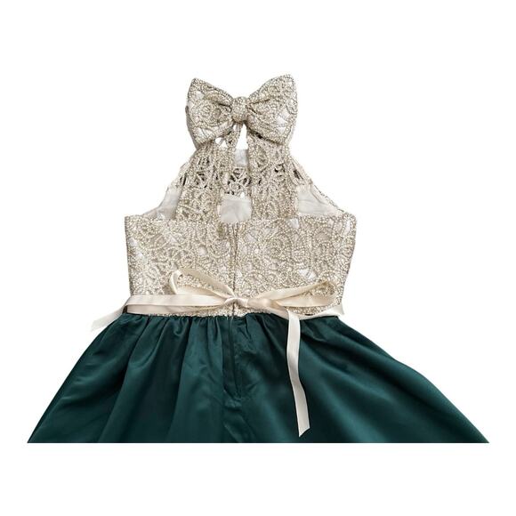 Rare Editions Girls Green Gold Lace Beaded High Low Formal Dress Size 10 - Picture 4 of 9